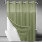 No Hook Slub Textured Shower Curtain with Snap in Liner - Black Fabric Outer Curtain & Waterproof Inner Liner, Hotel Style with See Through Top Window, 71x74 in